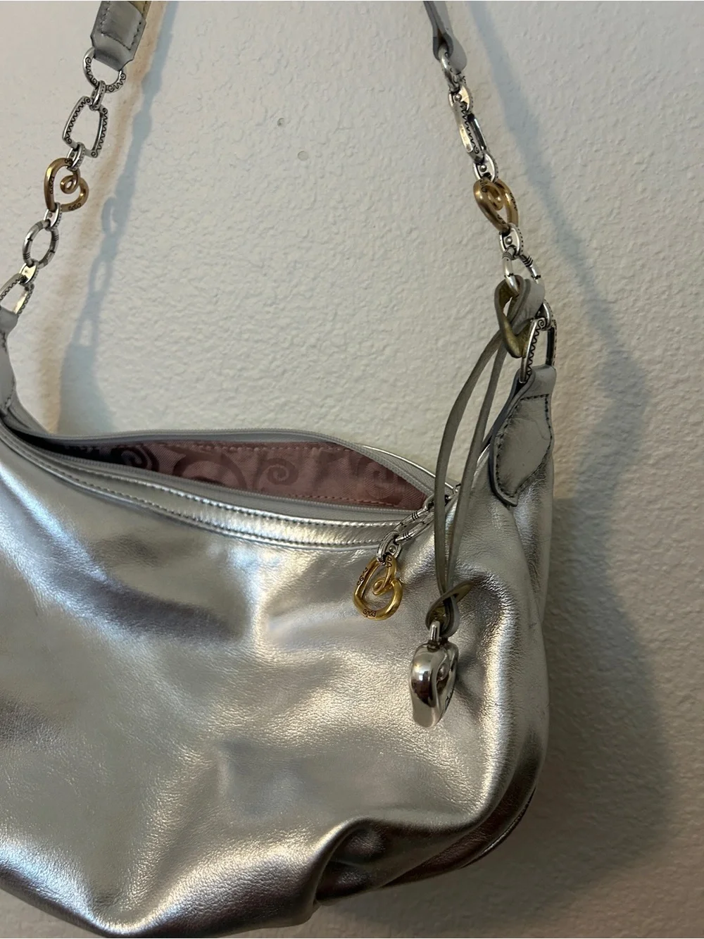 Brighton Silver Metallic Hobo with Chain-Link Strap